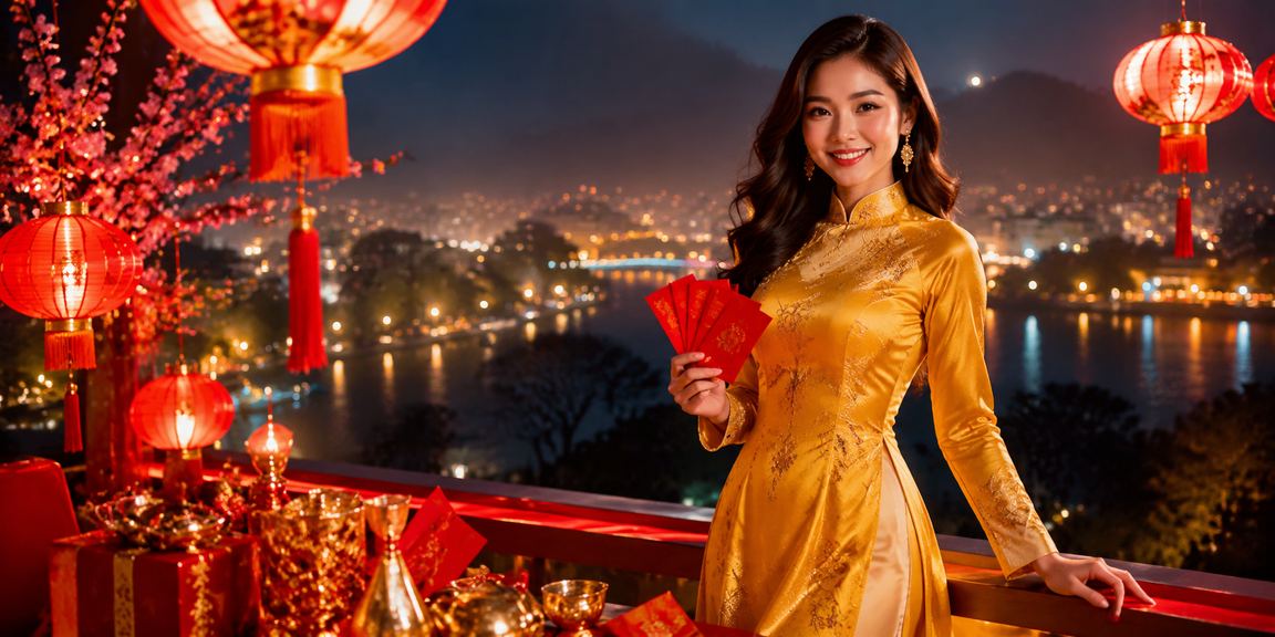 Cô gái mặc áo dài Đà Lạt cầm điện thoại kiểm tra thưởng và cài ứng dụng