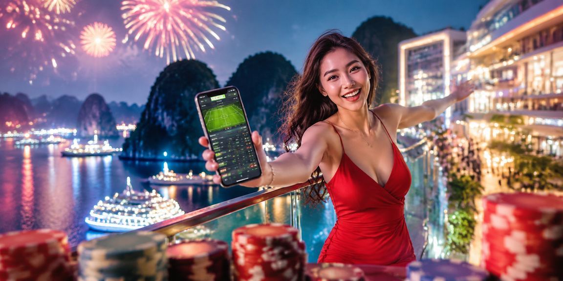 Người dùng trải nghiệm ứng dụng xsmtr trên điện thoại tại vịnh Hạ Long