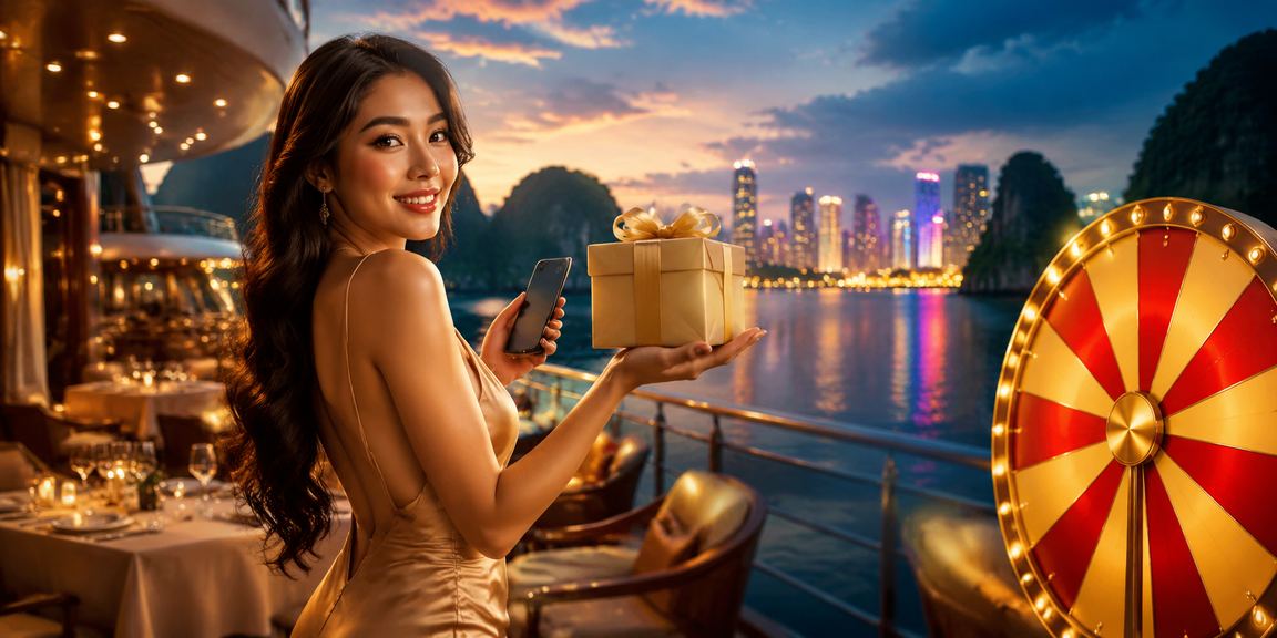 Cảnh vịnh Hạ Long kết hợp hình ảnh bàn roulette, gợi nhớ trải nghiệm live casino tại xsmtr